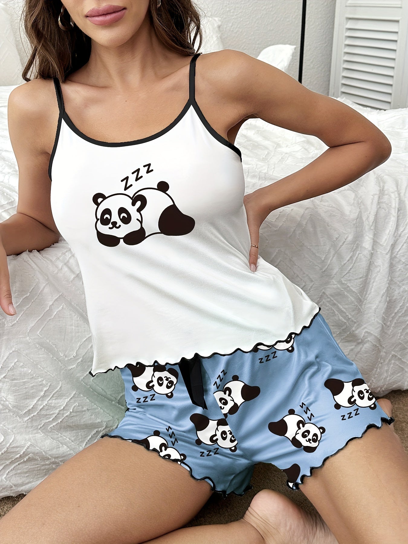 Panda Print Pajama Set Crew Neck Cami Top & Shorts Women's Loungewear