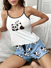 Panda Print Pajama Set Crew Neck Cami Top & Shorts Women's Loungewear