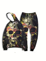 Skull & Roses Print Men's Hoodie & Sweatpants Set for Autumn Winter