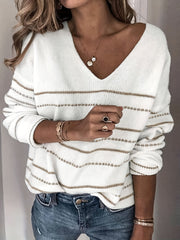 Striped V Neck Pullover Sweater Long Sleeve Casual Fall Winter Women's Clothing