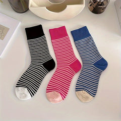 3 Pairs Striped Crew Socks for Women Comfy & Breathable Stockings