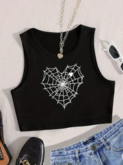 Spider Web & Heart Print Tank Top Sexy Crew Neck Sleeveless Top