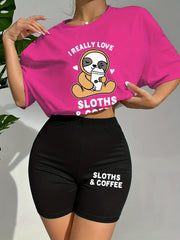 Cartoon Print Lounge Set Short Sleeve Crew Neck Top & Elastic Waistband Shorts