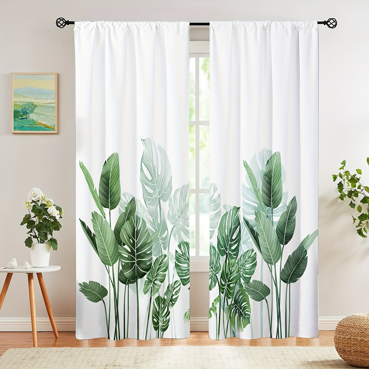 Palm Leaves Printed Window Curtain Rod Pocket Semi Blackout Decorative Curtains