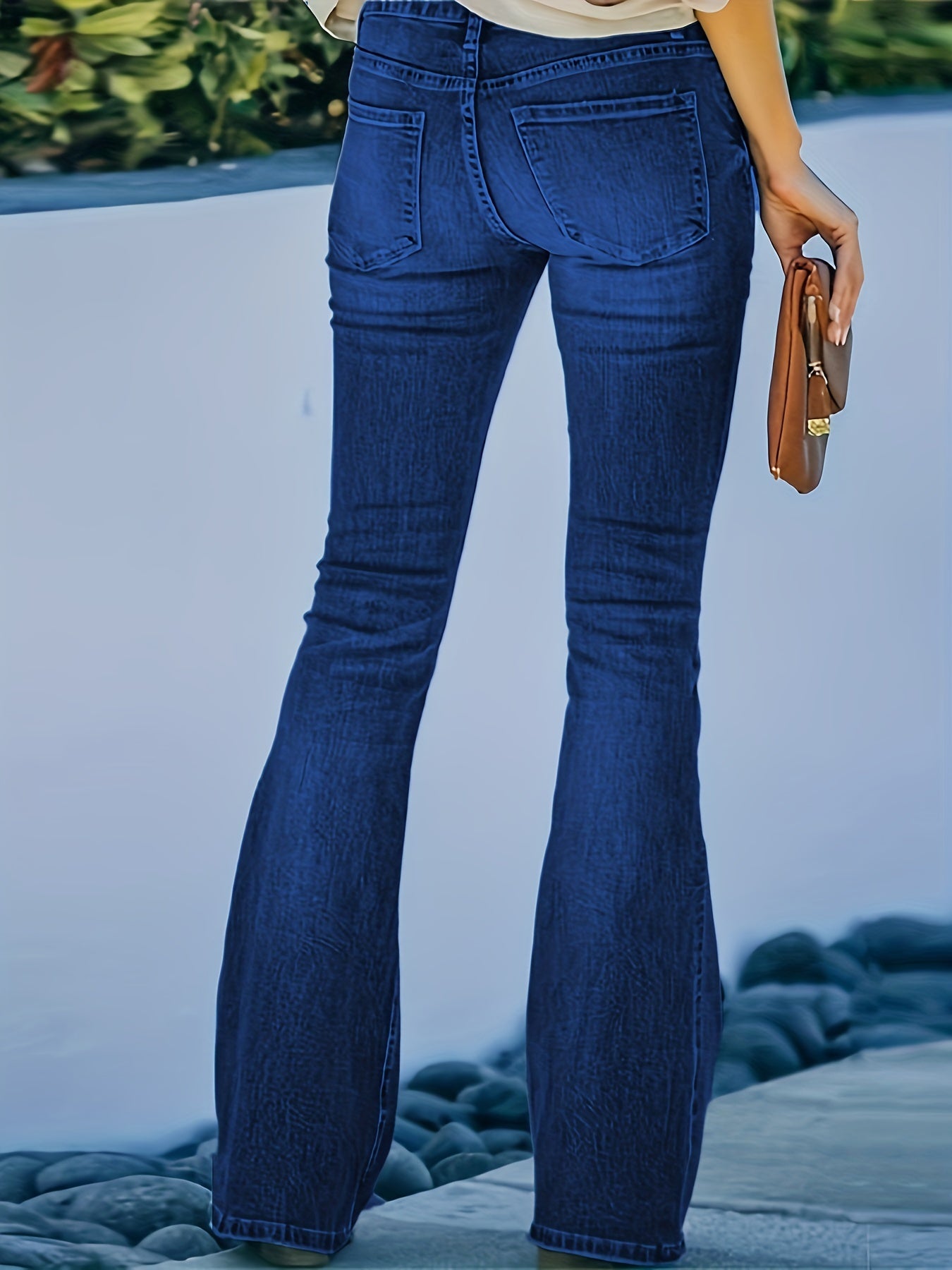 High Waist Flared Jeans Single Breasted Button Bell Bottom Slight Stretch Denim