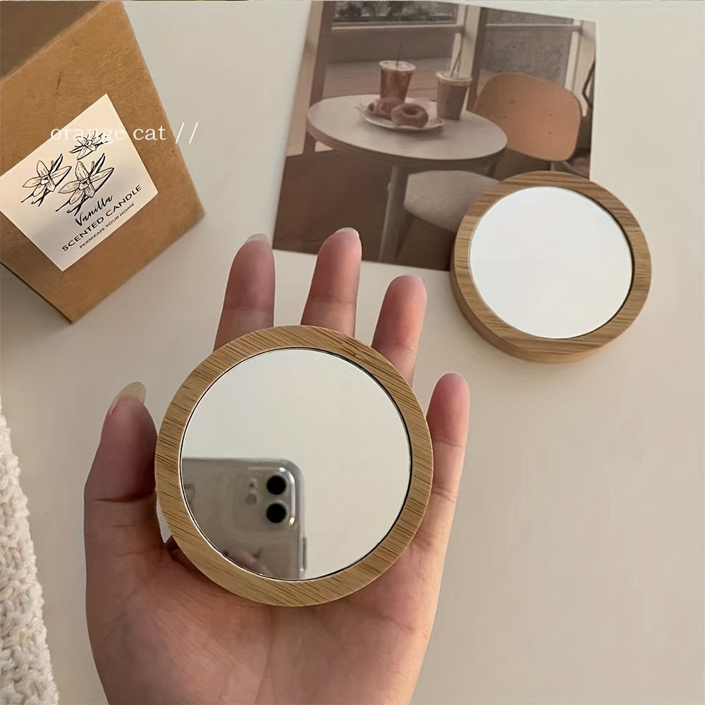 Portable Compact Round Wooden Mirror for Beauty Touch-ups