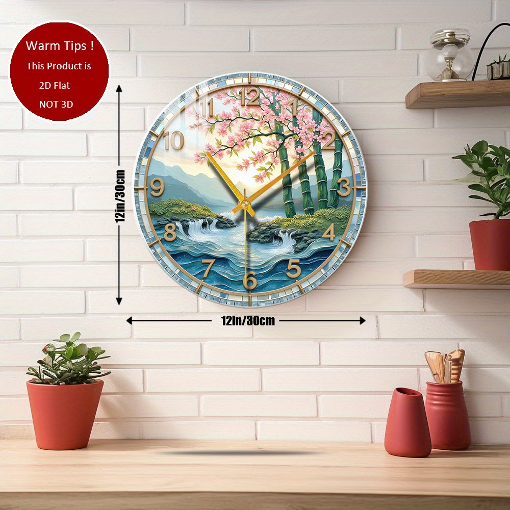 Japanese Landscape Wall Clock Cherry Blossoms Bamboo Mountain Stream