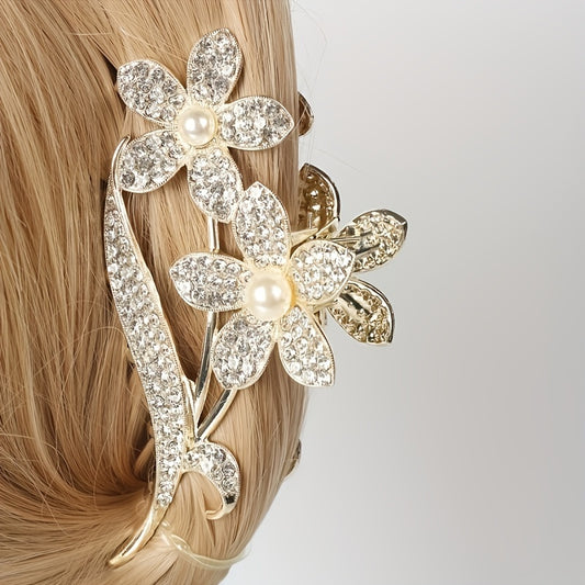 Girls Flower Hair Clip with Rhinestones & Faux Pearls