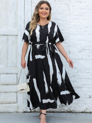 Plus Size Brush Print Short Sleeve V Neck Maxi Dress With Belt