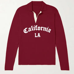 California LA City Print Knit Polo Shirt Men's Stretch V Neck Sweater