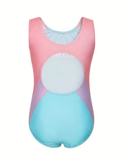 Girls Mermaid Print One piece Swimsuit Backless Colorblock Sports Swimsuit