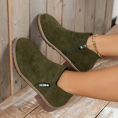 Chunky Heeled Ankle Boots Retro Round Toe Side Zipper Shoes