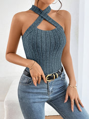 Ribbed Knit Cut Out Halter Top Sleeveless Summer Women's Clothing