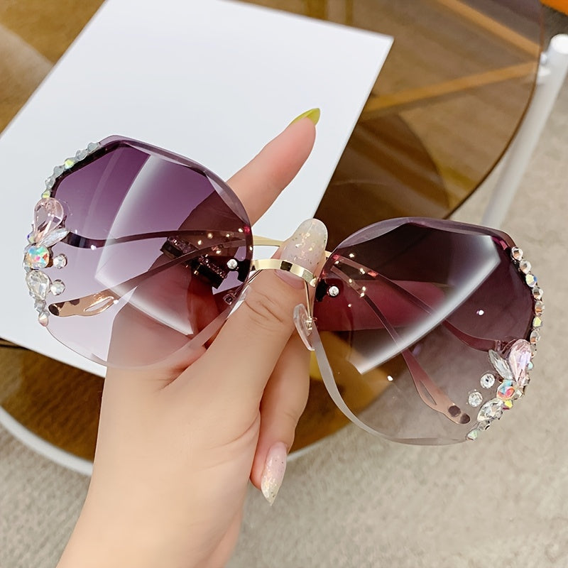 Ombre Lens Sunglasses Rhinestone Decor Oversized Rimless Eyewear UV400