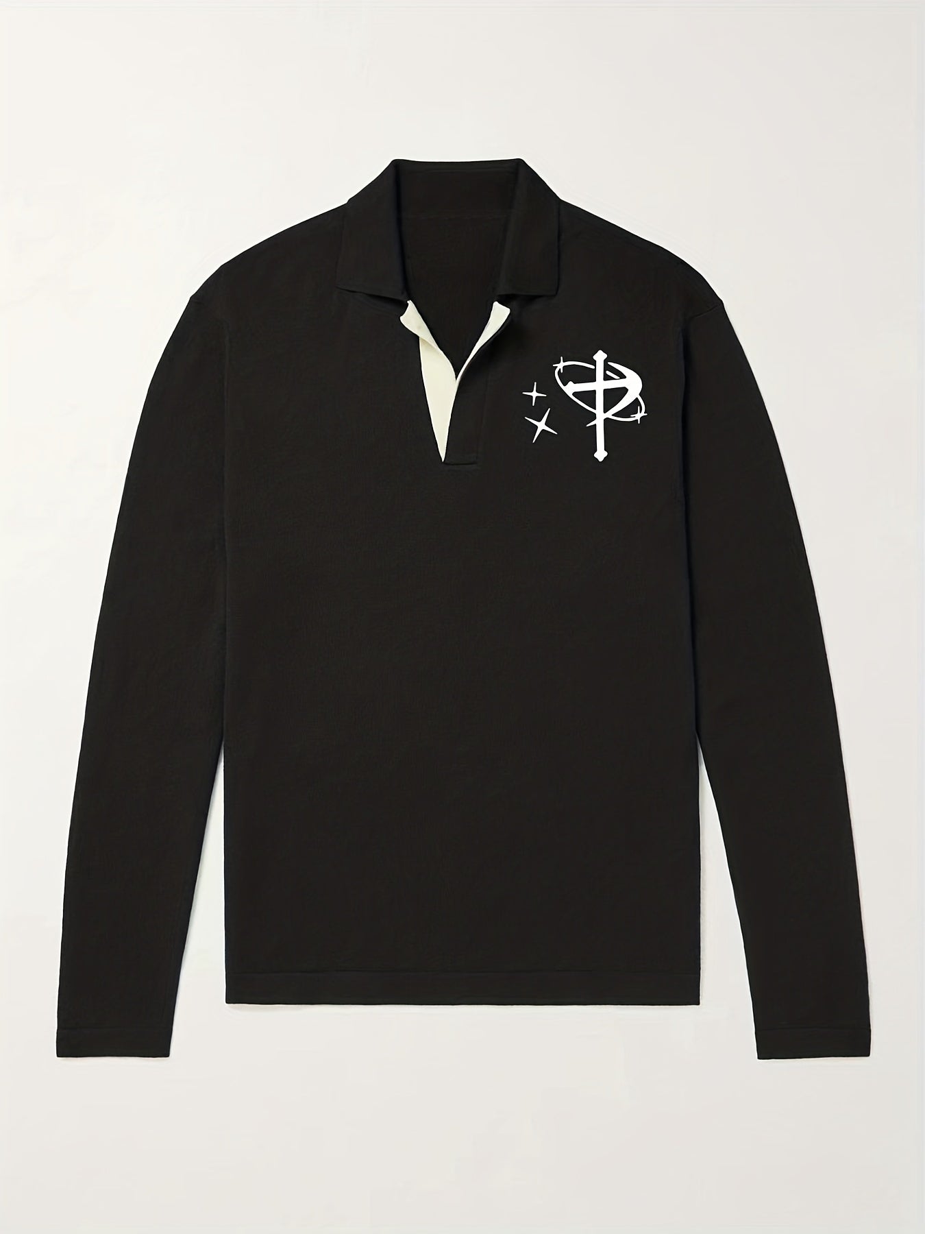 Men's Star & Cross Pattern Knit Polo Shirt Stretch V Neck Sweater