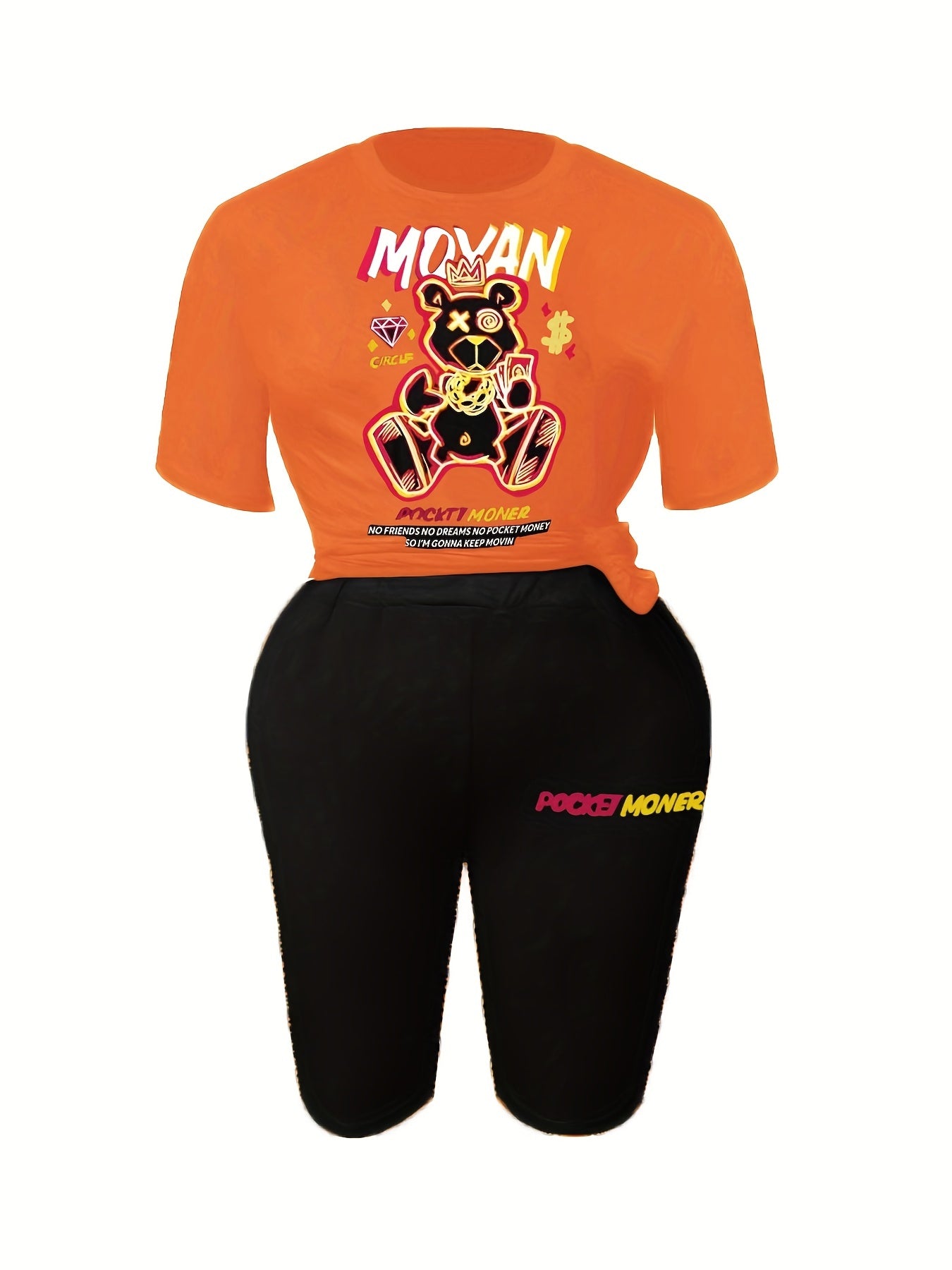 Cartoon Bear & Slogan Print Top & Shorts Set