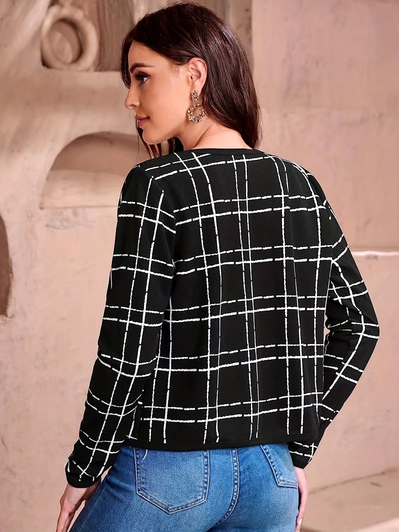 Plaid Print Cropped Jacket Open Front Long Sleeve