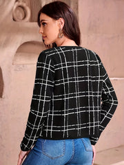 Plaid Print Cropped Jacket Open Front Long Sleeve