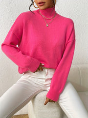 Solid Mock Neck Knit Sweater Drop Shoulder Long Sleeve Women's Clothing