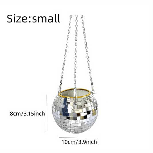 Slivery Disco Mirror Ball Planter With Chain Plant Hanger
