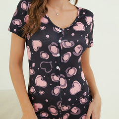 Heart Print Lounge Bodysuit Button Front Romper Women's Pajamas