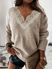 Lace V Neck Sweater Long Sleeve for Women