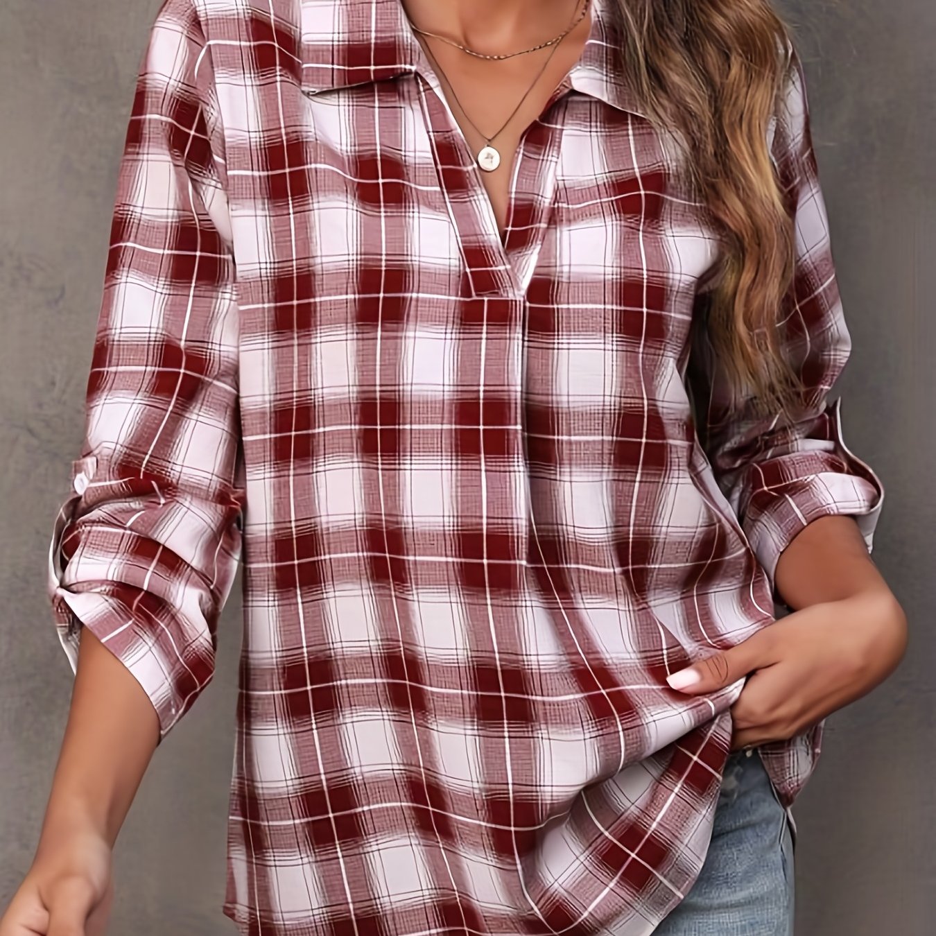 V-Neck Plaid Print Blouse