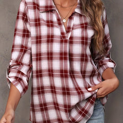 V-Neck Plaid Print Blouse