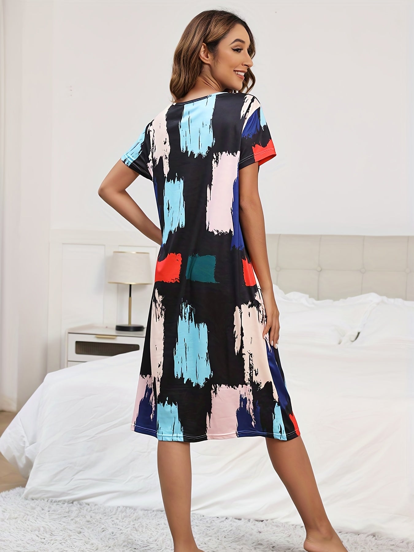 Colorblock Plaid Lounge Dress Short Sleeve Crew Neck Home Dress