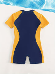 Boys Sun Protection Block Swimsuit Zip Up Onesie Kids Short Sleeved Quick Drying