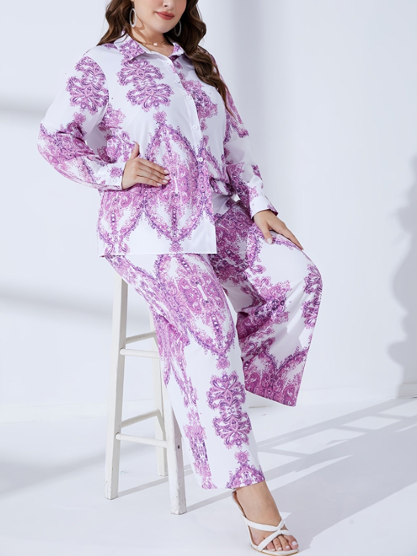 Women's Plus Damask Print Long Sleeve Button Up Shirt & Wide Leg Pants Set