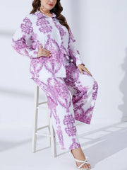 Women's Plus Damask Print Long Sleeve Button Up Shirt & Wide Leg Pants Set