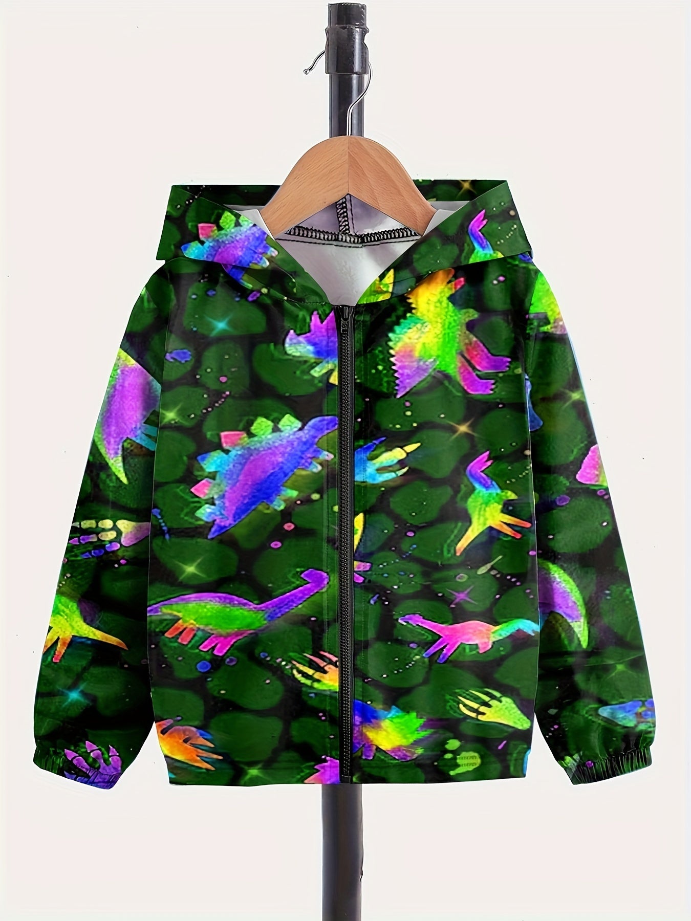 Dino Graphic Zip Front Hooded Jacket for Girls Boys