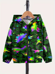 Dino Graphic Zip Front Hooded Jacket for Girls Boys