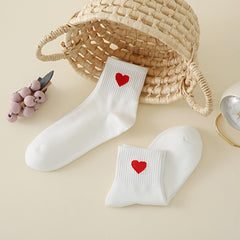 Red Heart Pattern Socks Elastic Ribbed Mid Tube Women's Stockings