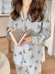 Bear Print Lounge Set Long Sleeve Top & Plaid Pants Women's Loungewear