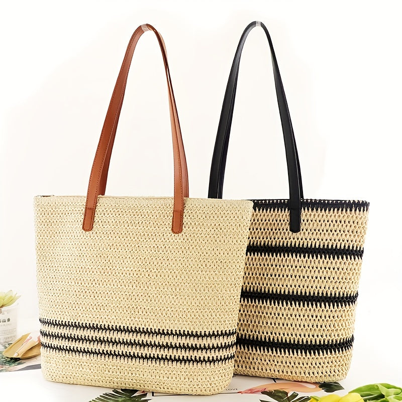 Woven Striped Tote Bag Summer Beach Shoulder Large Handbag Travel Vacation