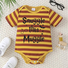 Baby's Striped Romper with Letter Graphics - Short Sleeve Onesie