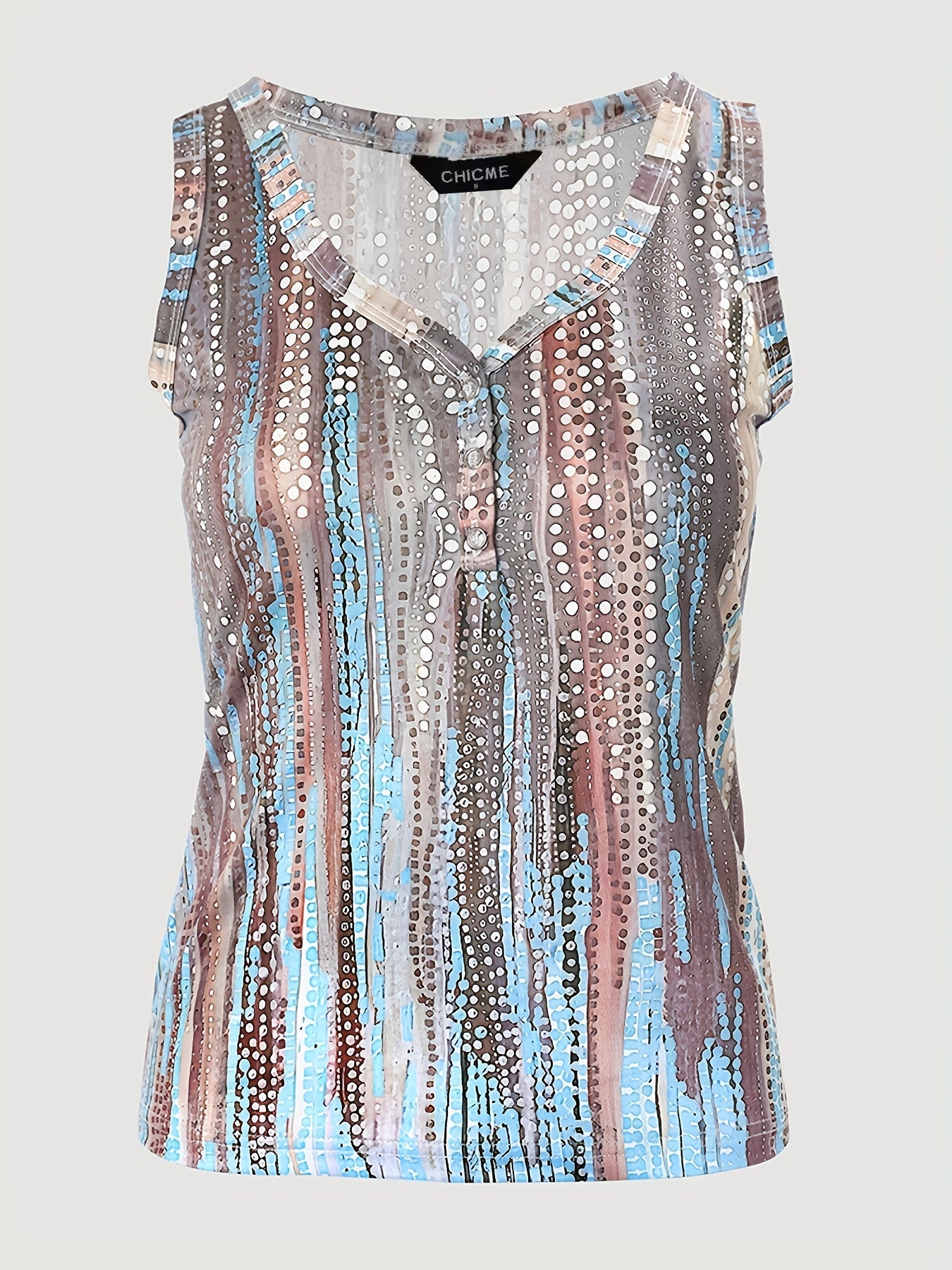 Ethnic Print Tank Top Button Front V Neck Summer Sleeveless Top