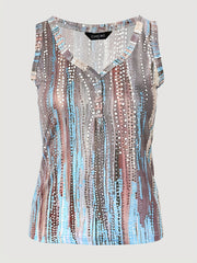 Ethnic Print Tank Top Button Front V Neck Summer Sleeveless Top