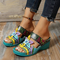 Women's Flower Decor Wedge Sandals Comfortable Open Toe Strap Shoes