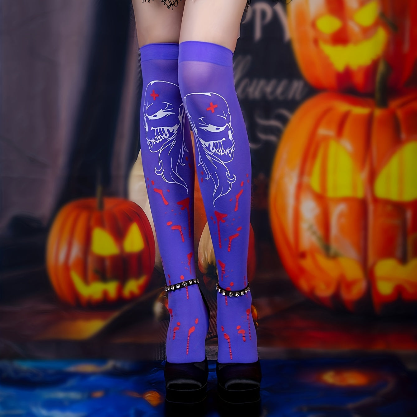 Skull Print Thigh High Socks Lace Over The Knee Stockings