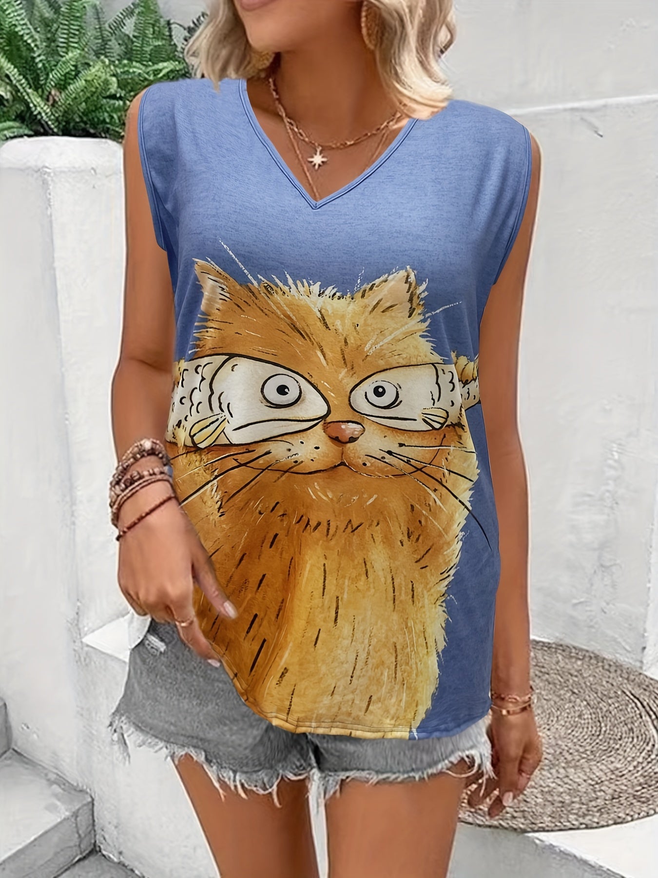 Cartoon Cat & Fish Print Round Neck Tank Top