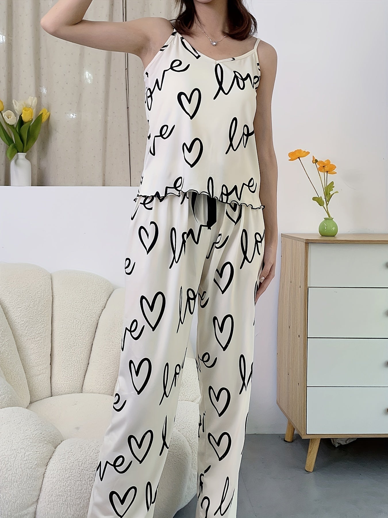 Heart Print Pajama Set V Neck Cami Top & Lounge Pants
