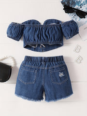 Girls Off Shoulder Denim Top & Ripped Shorts Set