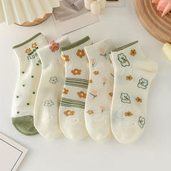 5 Pairs Floral & Bunny Print Socks Women's Stockings