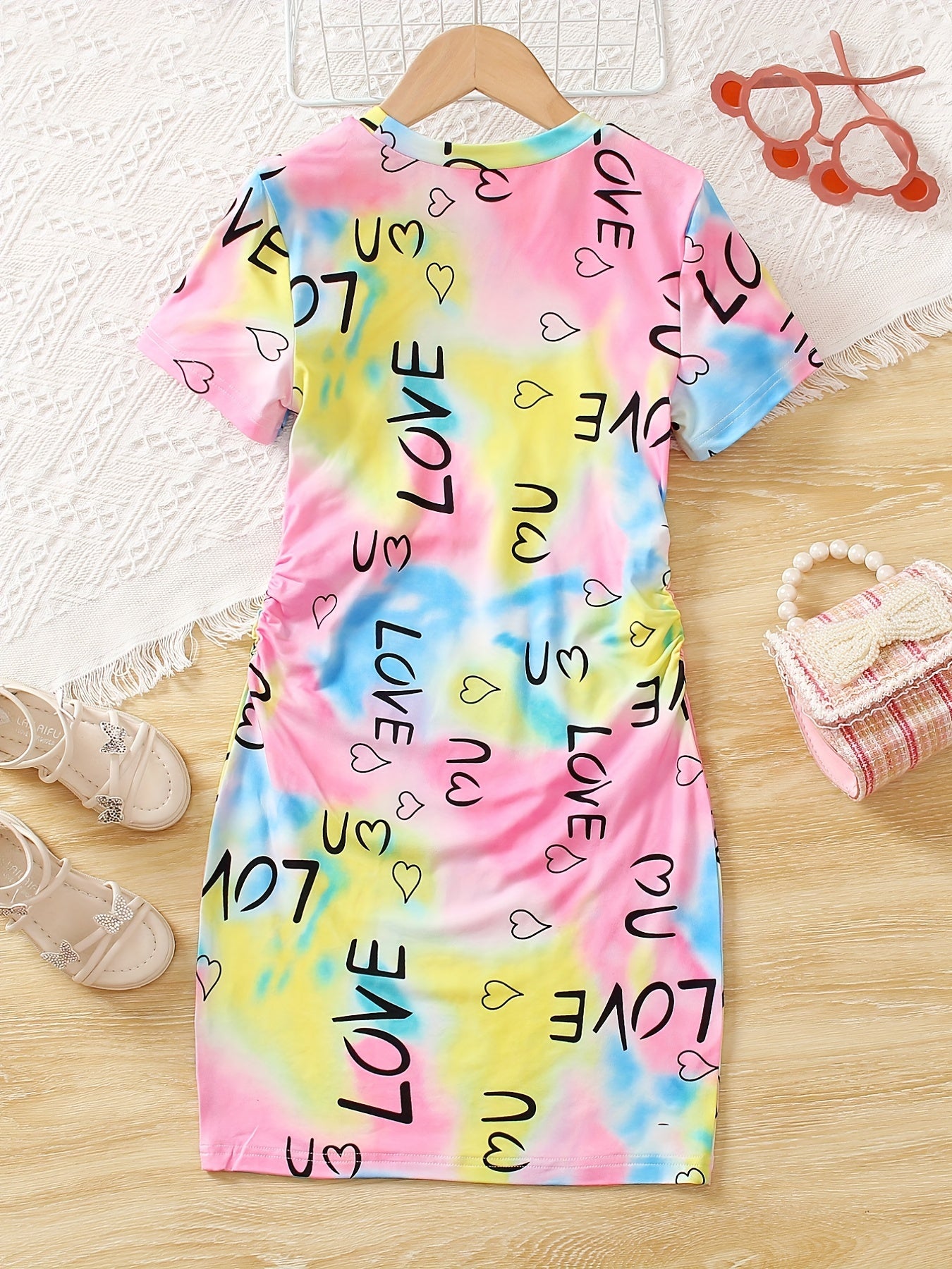 Girls Rainbow Tie Dye & Letter Graphic Short Sleeve Dress For Going Out Party