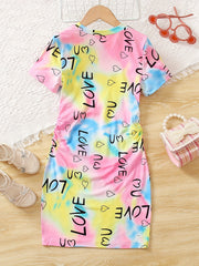 Girls Rainbow Tie Dye & Letter Graphic Short Sleeve Dress For Going Out Party