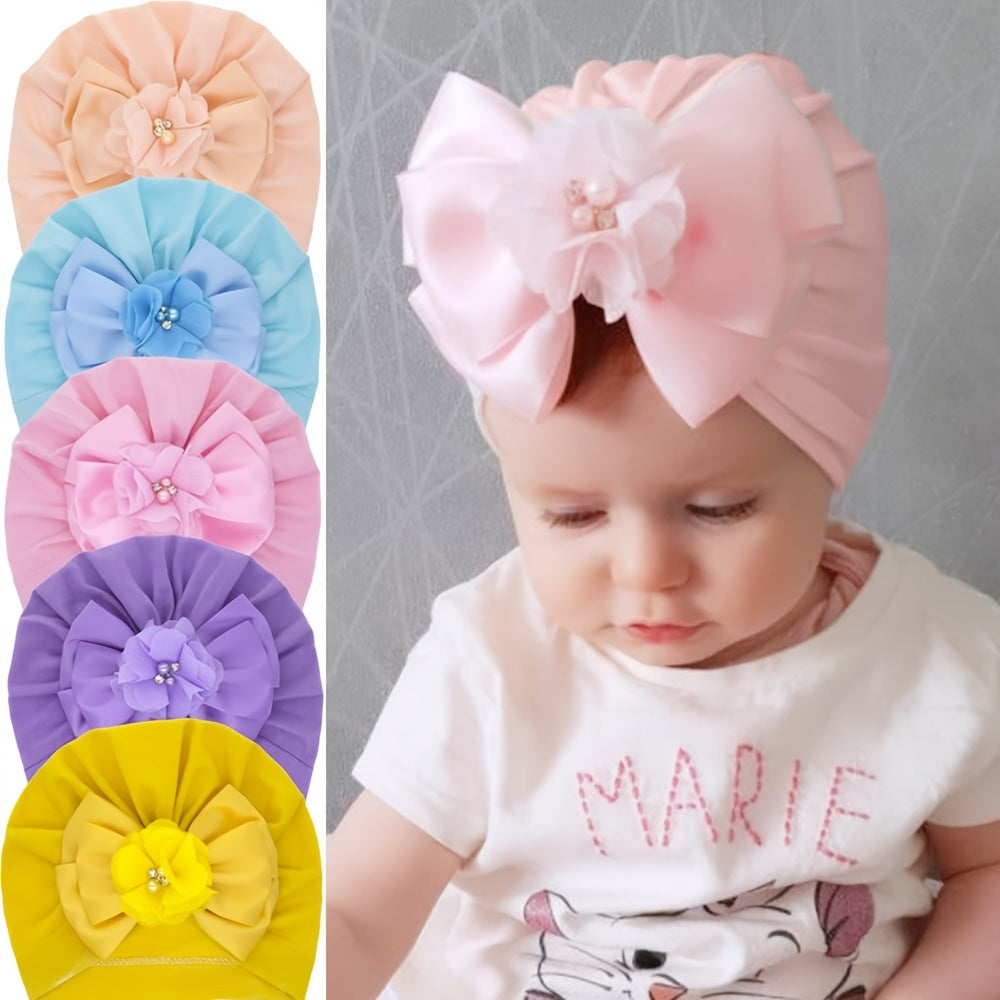 Baby Girls Bow Turban Cap With Faux Pearl Decorative Accessories