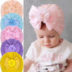 Baby Girls Bow Turban Cap With Faux Pearl Decorative Accessories